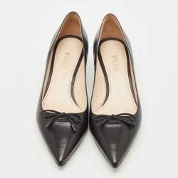 Pre Owned Prada Black Leather Bow Pointed Toe Kitten Heel Pumps Size 38.5