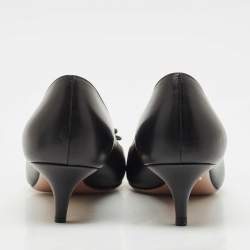Pre Owned Prada Black Leather Bow Pointed Toe Kitten Heel Pumps Size 38.5