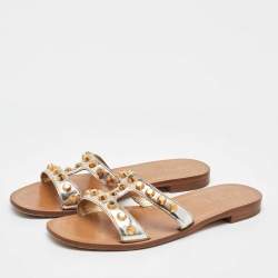 Pre Owned حذاء سلايدز برادا فلات جلد ذهبي مرصع مقاس 38