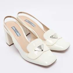 مملوكة مسبقًا حذاء كعب عالي برادا جلد لامع أبيض كعب مربع سميك سحاب خلفي مقاس 37.5