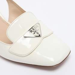 مملوكة مسبقًا حذاء كعب عالي برادا جلد لامع أبيض كعب مربع سميك سحاب خلفي مقاس 37.5