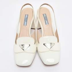 مملوكة مسبقًا حذاء كعب عالي برادا جلد لامع أبيض كعب مربع سميك سحاب خلفي مقاس 37.5