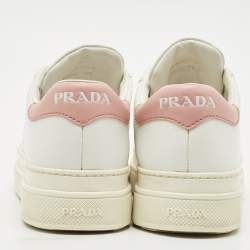 Pre Owned حذاء رياضي برادا جلد أبيض/وردي عنق منخفض مقاس 37.5 