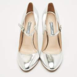 Pre Owned Prada Silver Leather Mary Jane Pumps Size 39