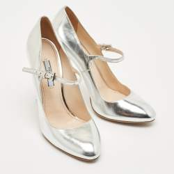 Pre Owned Prada Silver Leather Mary Jane Pumps Size 39