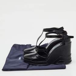 Pre Owned Prada Black Leather T-Strap Platform Wedge Sandals Size 36