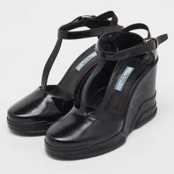 Pre Owned Prada Black Leather T-Strap Platform Wedge Sandals Size 36