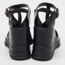 Pre Owned Prada Black Leather T-Strap Platform Wedge Sandals Size 36