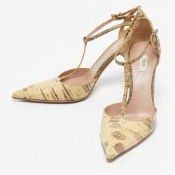 Pre Owned Prada Cream/Black Lizard T Strap Pumps Size 37