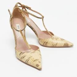 Pre Owned Prada Cream/Black Lizard T Strap Pumps Size 37