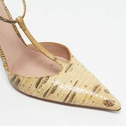Pre Owned Prada Cream/Black Lizard T Strap Pumps Size 37