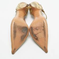 Pre Owned Prada Cream/Black Lizard T Strap Pumps Size 37