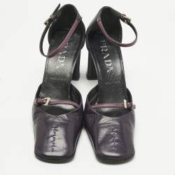 Pre Owned Prada Purple Leather Mary Jane Block Pumps Size 34.5