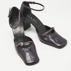 Pre Owned Prada Purple Leather Mary Jane Block Pumps Size 34.5