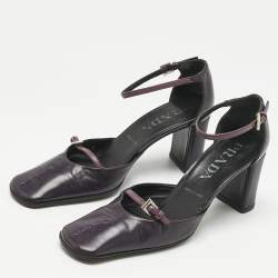 Pre Owned Prada Purple Leather Mary Jane Block Pumps Size 34.5