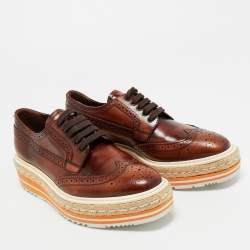Pre Owned Prada Brown Brogue Leather Oxford Espadrille Sneakers Size 37.5