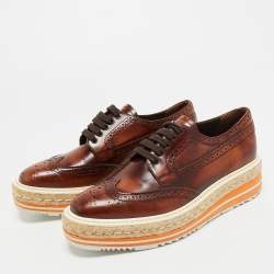 Pre Owned Prada Brown Brogue Leather Oxford Espadrille Sneakers Size 37.5