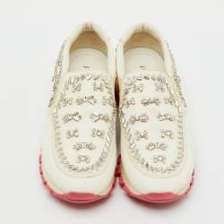 Pre Owned Prada White Canvas Crystal Embellished Slip On Sneakers Size 38.5