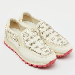 Pre Owned Prada White Canvas Crystal Embellished Slip On Sneakers Size 38.5