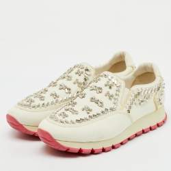 Pre Owned Prada White Canvas Crystal Embellished Slip On Sneakers Size 38.5