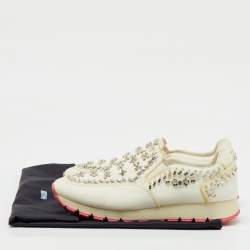 Pre Owned Prada White Canvas Crystal Embellished Slip On Sneakers Size 38.5