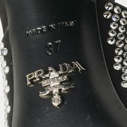 Pre Owned Prada Black Satin Crystal Embellished Logo Slide Sandals Size 37