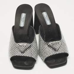 Pre Owned Prada Black Satin Crystal Embellished Logo Slide Sandals Size 37