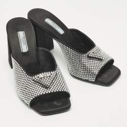 Pre Owned Prada Black Satin Crystal Embellished Logo Slide Sandals Size 37