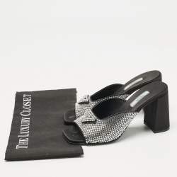 Pre Owned Prada Black Satin Crystal Embellished Logo Slide Sandals Size 37