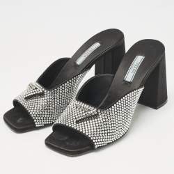 Pre Owned Prada Black Satin Crystal Embellished Logo Slide Sandals Size 37