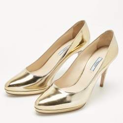 Pre Owned Prada Gold  Leather Pointed Toe Pumps Size 42
