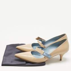 Pre Owned Prada Beige Leather Pointed Toe Mary Jane Bow Pumps Size 38