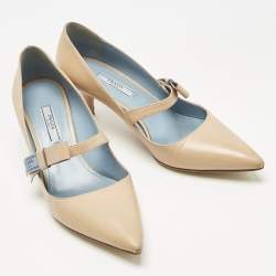 Pre Owned Prada Beige Leather Pointed Toe Mary Jane Bow Pumps Size 38