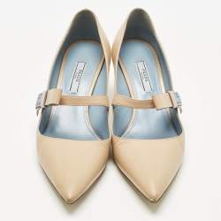 Pre Owned Prada Beige Leather Pointed Toe Mary Jane Bow Pumps Size 38