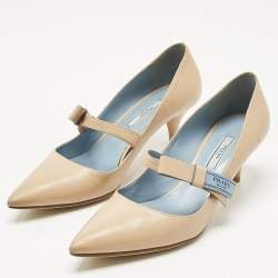 Pre Owned Prada Beige Leather Pointed Toe Mary Jane Bow Pumps Size 38