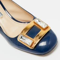 Pre Owned Prada Navy Blue Patent Leather Buckle Block Heel Pumps Size 38