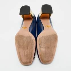 Pre Owned Prada Navy Blue Patent Leather Buckle Block Heel Pumps Size 38