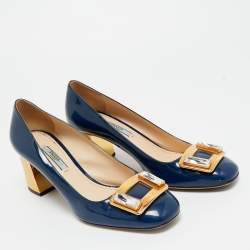 Pre Owned Prada Navy Blue Patent Leather Buckle Block Heel Pumps Size 38