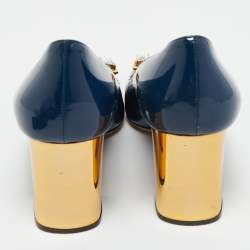 Pre Owned Prada Navy Blue Patent Leather Buckle Block Heel Pumps Size 38