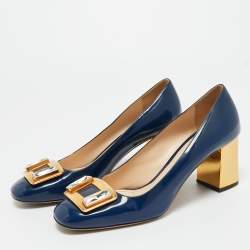 Pre Owned Prada Navy Blue Patent Leather Buckle Block Heel Pumps Size 38
