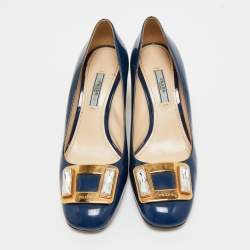 Pre Owned Prada Navy Blue Patent Leather Buckle Block Heel Pumps Size 38