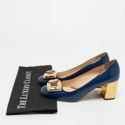 Pre Owned Prada Navy Blue Patent Leather Buckle Block Heel Pumps Size 38