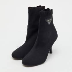 Pre Owned Prada Black Knit Fabric Logo Sock Ankle Booties Size 36.5
