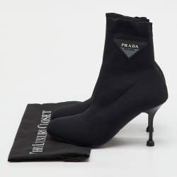 Pre Owned Prada Black Knit Fabric Logo Sock Ankle Booties Size 36.5