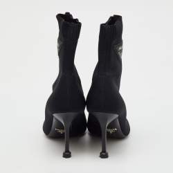 Pre Owned Prada Black Knit Fabric Logo Sock Ankle Booties Size 36.5