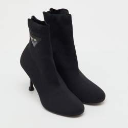 Pre Owned Prada Black Knit Fabric Logo Sock Ankle Booties Size 36.5
