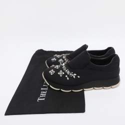 Pre Owned Prada Navy Blue Neoprene Crystal Embellished Slip On Sneakers Size 37.5