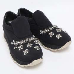 Pre Owned Prada Navy Blue Neoprene Crystal Embellished Slip On Sneakers Size 37.5