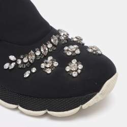 Pre Owned Prada Navy Blue Neoprene Crystal Embellished Slip On Sneakers Size 37.5