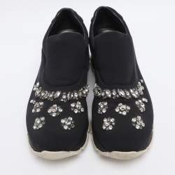 Pre Owned Prada Navy Blue Neoprene Crystal Embellished Slip On Sneakers Size 37.5